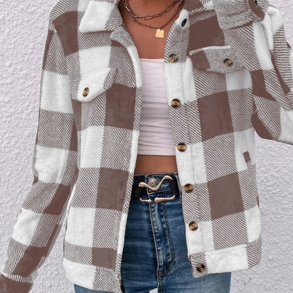 AESTHETIC TAN PLAID PATTERN POCKETED TEDDY JACKET - Picture 4 of 5